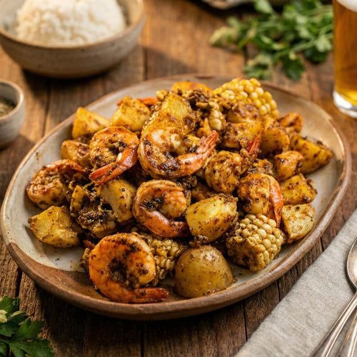Plated dish of Mai-o-Mailee's Cajun Seasoning roasted vegetables and shrimp on a wooden table with a glass of beer and bowls in the background.