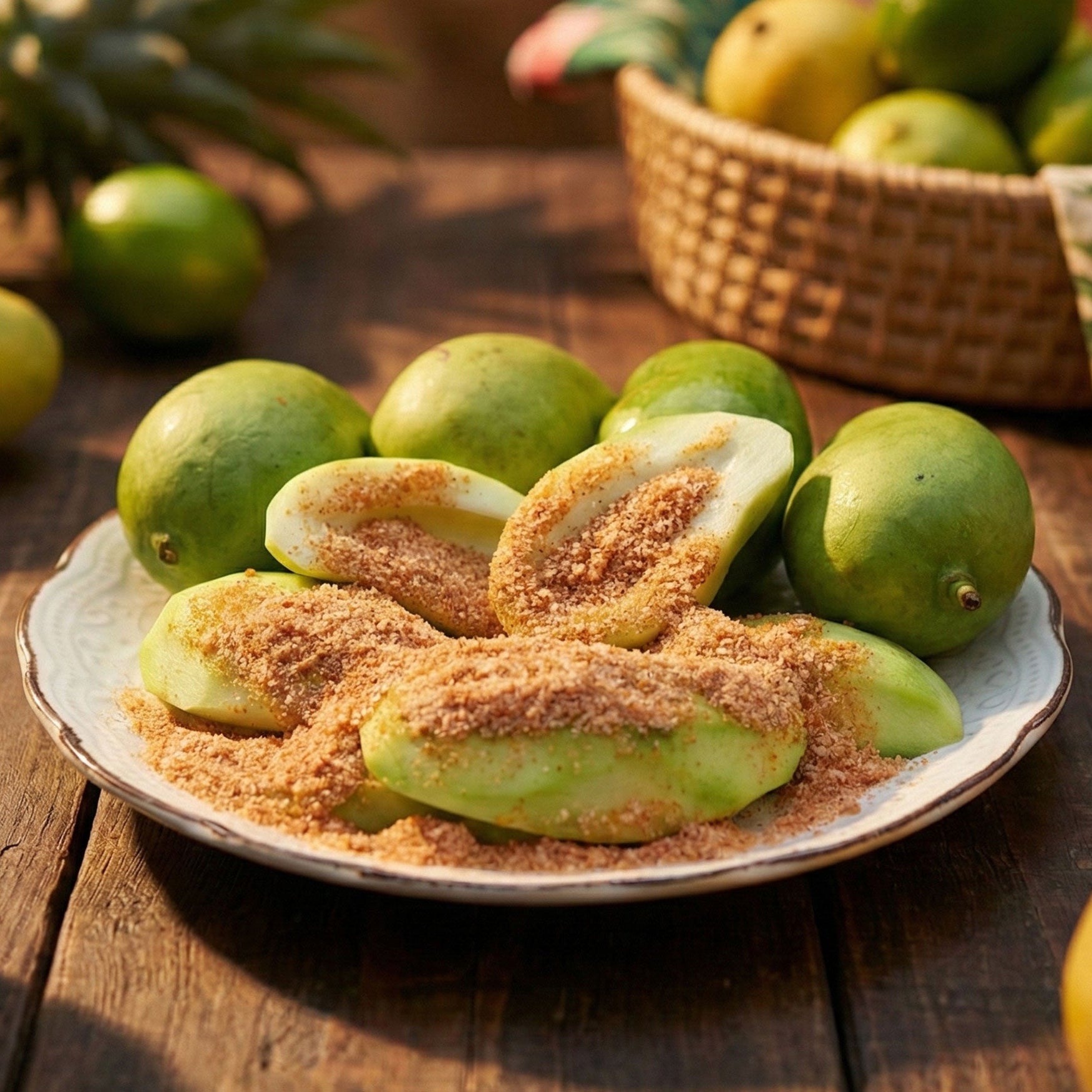 Mangoes with Mai-o-Mailee's fruit chili powder topping on a plate, surrounded by more mangoes on a wooden surface.