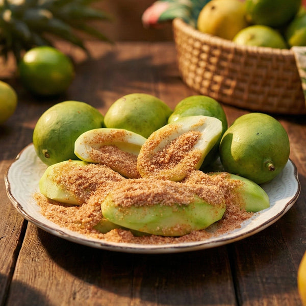 Mangoes with Mai-o-Mailee's fruit chili powder topping on a plate, surrounded by more mangoes on a wooden surface.