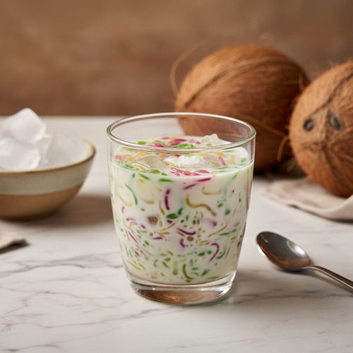 Glass of Mai-o-Mailee's Lod Chong creamy dessert with colorful toppings on a marble surface with coconuts and ice cubes in the background.
