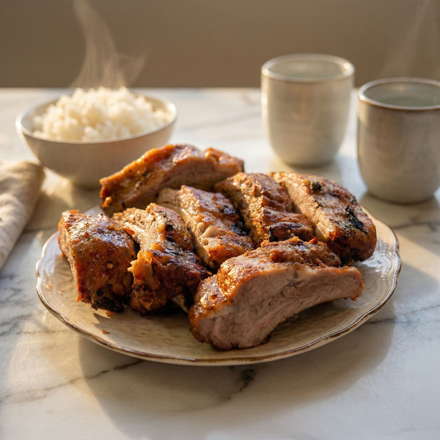Sliced roasted pork with Mai-o-Mailee's pork rub on a plate with a bowl of rice and two cups in the background.