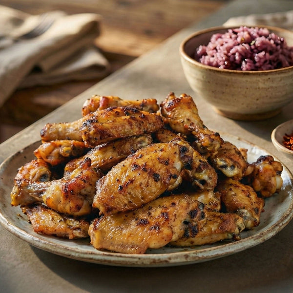 Platter of Mai-o-Mailee's sweet chicken seasoning rub grilled chicken wings with a side of purple rice on a wooden table.